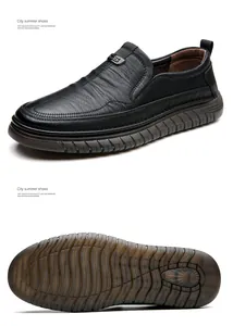 Professional detailed view of men's black leather slip-on shoes with non-slip rubber sole