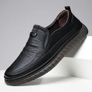 Classic black men's leather slip-on loafers with durable non-slip rubber soles