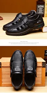 Close-up detail of breathable black genuine leather men's sandals with hollow cutout design