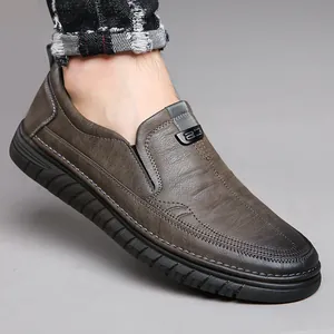 Men's premium brown leather loafers slip-on casual dress shoes with anti-slip rubber sole