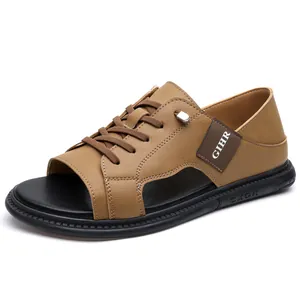 Casual bruine leren herensandalen met antislipzool voor zomerstrand en autorijden.