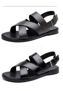 Side view of men's leather cross-strap sandals showing black and brown color options
