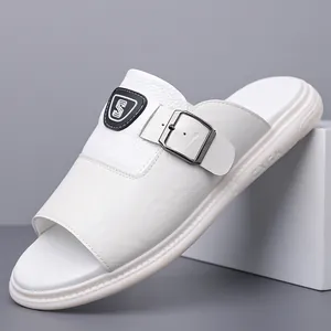Sandales Claquettes Homme en Cuir Microfibre Antidérapant Semelle Souple Style Romain Pantoufles de Plage Casual