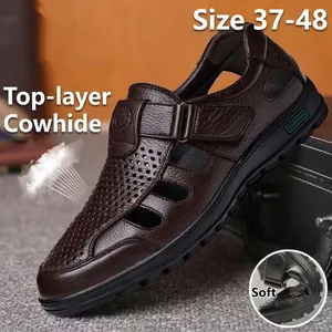 Men's First Layer Cowhide Hollow Out Sandals Breathable Anti-slip Casual Leather Shoes For Middle-aged Men Father Summer Beach Shoes
