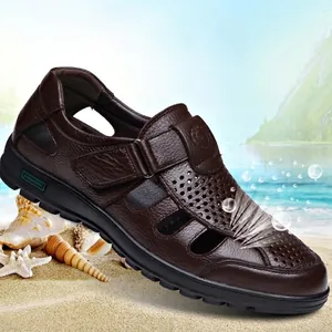 Men's breathable brown leather sandals with hollow-out design and durable non-slip sole