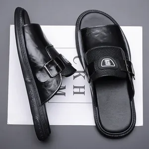 Sandales classiques en cuir noir pour hommes avec boucle et semelle souple antidérapante