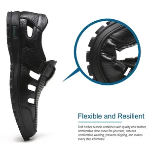 Breathable men's black cowhide leather sandals with a flexible anti-slip rubber sole