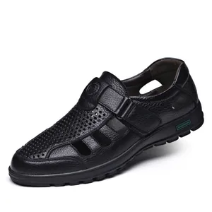 Premium men's breathable black leather hollow sandals with non-slip rubber sole for summer