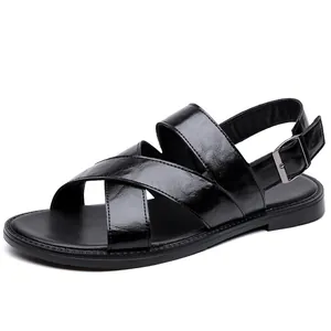 Classic black men's Roman sandals with cross straps and buckle for summer beach wear