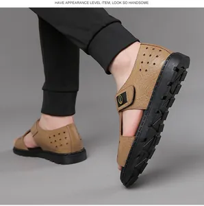 Detailed view of tan leather sandals featuring breathable hollow-out design and thick black soles