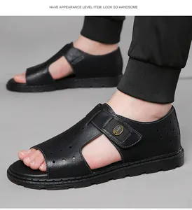 Close-up of stylish men's black leather sandals with hollow breathable design and open-toe