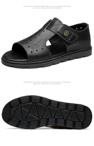 Detailed views of men's black leather sandals with hollow out design and anti-slip sole.