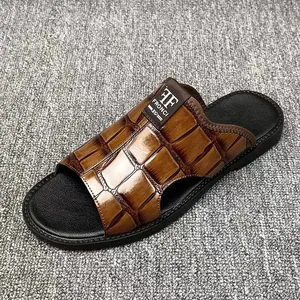 Men's stylish brown crocodile embossed leather slides with non-slip casual design