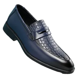 Men's navy blue business loafers featuring crocodile-patterned embossed leather vamp.