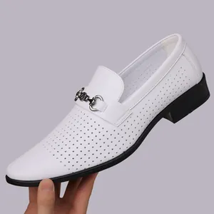 White perforated men's business casual leather loafers with decorative metal bit buckle