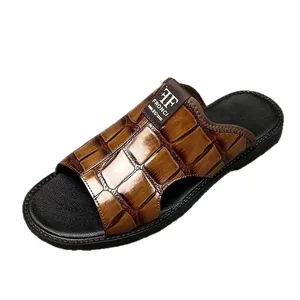 Men's brown crocodile texture leather slippers for summer beach wear