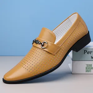 Stylish yellow men's business casual hollow leather loafers with metal buckle decoration