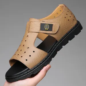Men's brown leather sandals with breathable hollow design and durable black soles