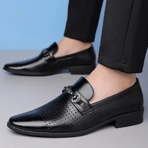 Men's breathable hollow leather loafers with metal buckle for business casual summer wear