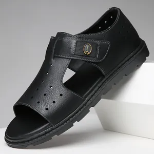 Stylish men's black hollow leather sandals featuring a breathable design and open toe