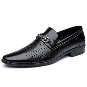Men's black perforated leather business loafers with stylish metal bit buckle for summer