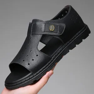 Men's black leather Roman sandals with breathable hollow-out design for summer