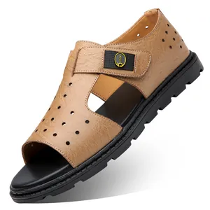 Men's summer brown leather sandals with hollow breathable design and open-toe style