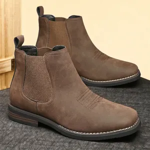 Classic men's brown faux leather Chelsea boots with side elastic panel