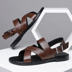 Stylish brown leather men's sandals with crossover straps and soft non-slip sole for summer