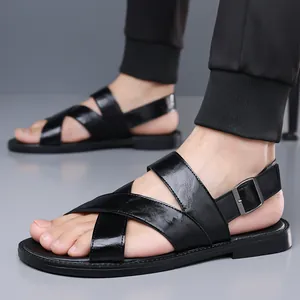 Classic black men's summer sandals with cross-strap leather-style design and soft sole.