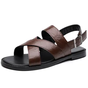 Classic men's brown cross-strap sandals with soft non-slip soles for beach wear