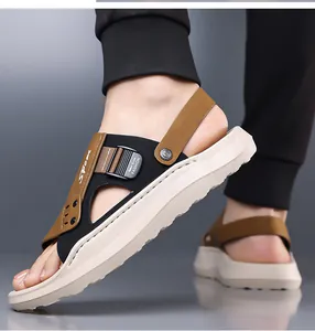 Side view detail of men's casual brown and black beach sandals with soft foam soles