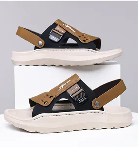 Detail view of men's casual beach sandals with soft anti-slip sole and brown leather straps