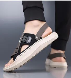 Macro view of men's two-wear casual beach sandals with soft non-slip thick soles.