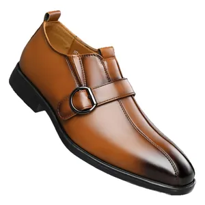 Elegant brown leather men's dress shoes with buckle strap and burnished square toe