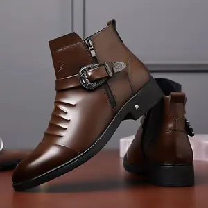 Elegante braune Chelsea-Boots für Herren aus Leder mit Reißverschluss und Schnalle
