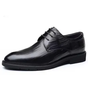 Men's elegant black leather business dress shoes with textured crocodile pattern.