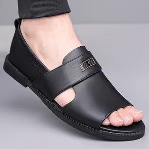 Stylish men's black leather open-toe sandals with non-slip sole for summer beach and outdoor use