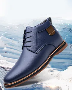 Blue pebbled leather men's high-top business casual boot with warm lining and thick sole