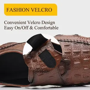 Men's high-quality brown crocodile pattern leather casual shoes with velcro closure