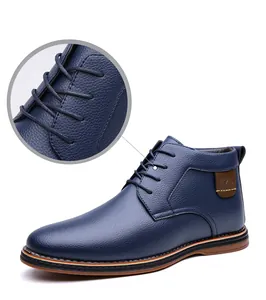 Macro view showing blue litchi grain leather and laces on business casual high-top boots.