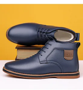 Side view of men's navy blue leather high-top boots with warm faux fur lining