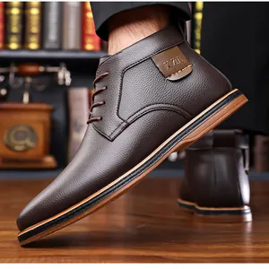 Detailed view of dark brown textured leather high-top boots in a library setting.