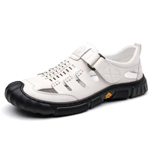 Men's plus size breathable white hollowed-out closed-toe sandals with non-slip soft sole