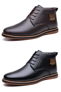 Detail view of men's business casual high-top leather boots in black and brown colors.