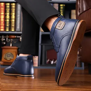 Men's navy blue high-top business casual leather boots with brown rubber sole