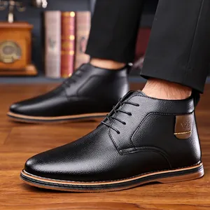 Business casual men's high-top leather boots in black finish with plush lining for warmth