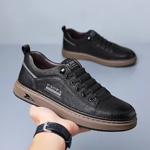 Stylish retro black leather men's casual sneakers featuring comfortable brown thick soles
