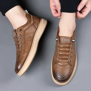 Stylish brown men's casual leather sneakers with retro soft breathable upper design