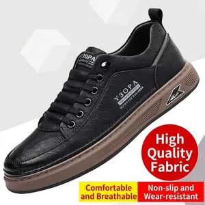 Stylish men's black leather retro sneakers with a brown sole and breathable upper.